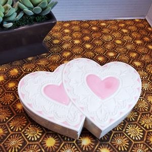Vintage White and Pink Double Heart Shaped Ceramic Trinket Dish Box